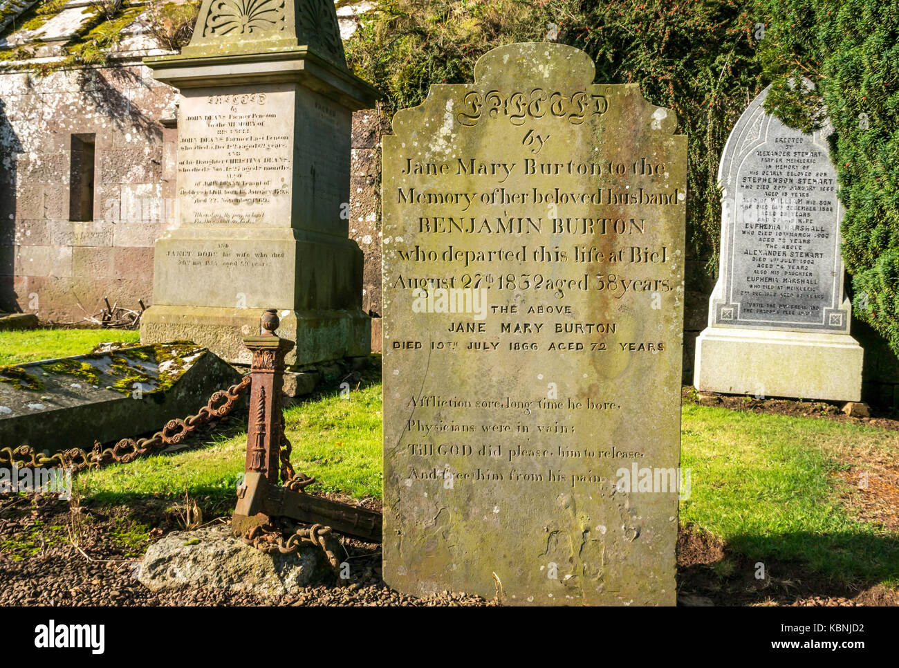 Close up of gravestone in Stenton village Parish Church cemetery, East Lothian, Scotland, UK Stock Photo