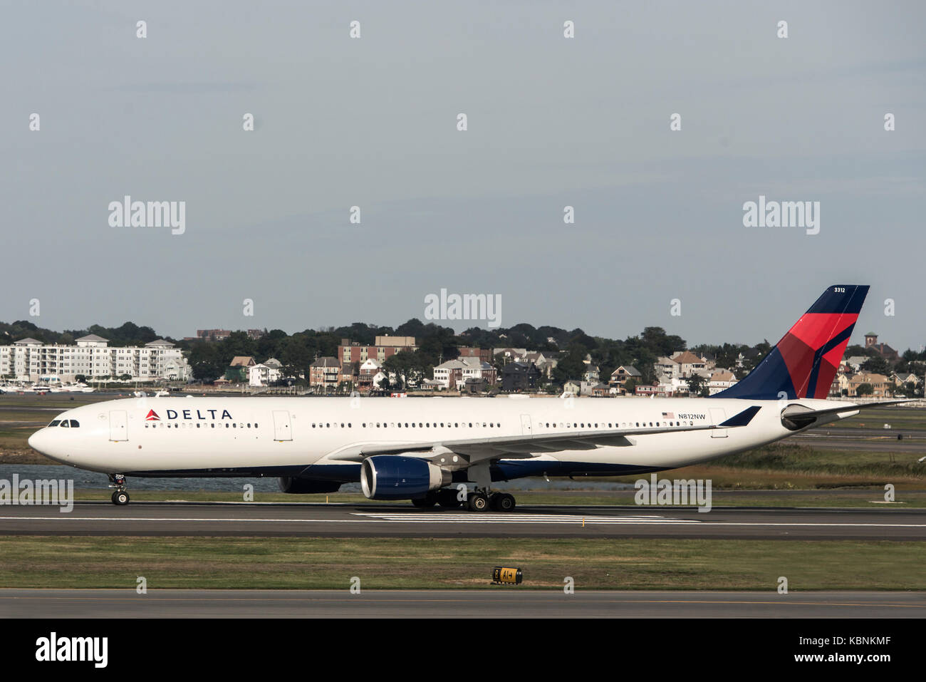 Boston, Massachusetts USA 23.09.2017 - Delta Airlines jet planes driving to terminal gates at Logan Airport Stock Photo