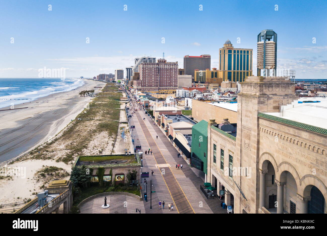 ATLANTIC CITY, USA - SEPTEMBER 20, 2017: Atlantic city boardwalk aerial view. Boardwalk is the hub of casinos, restaurants and travel spots Stock Photo
