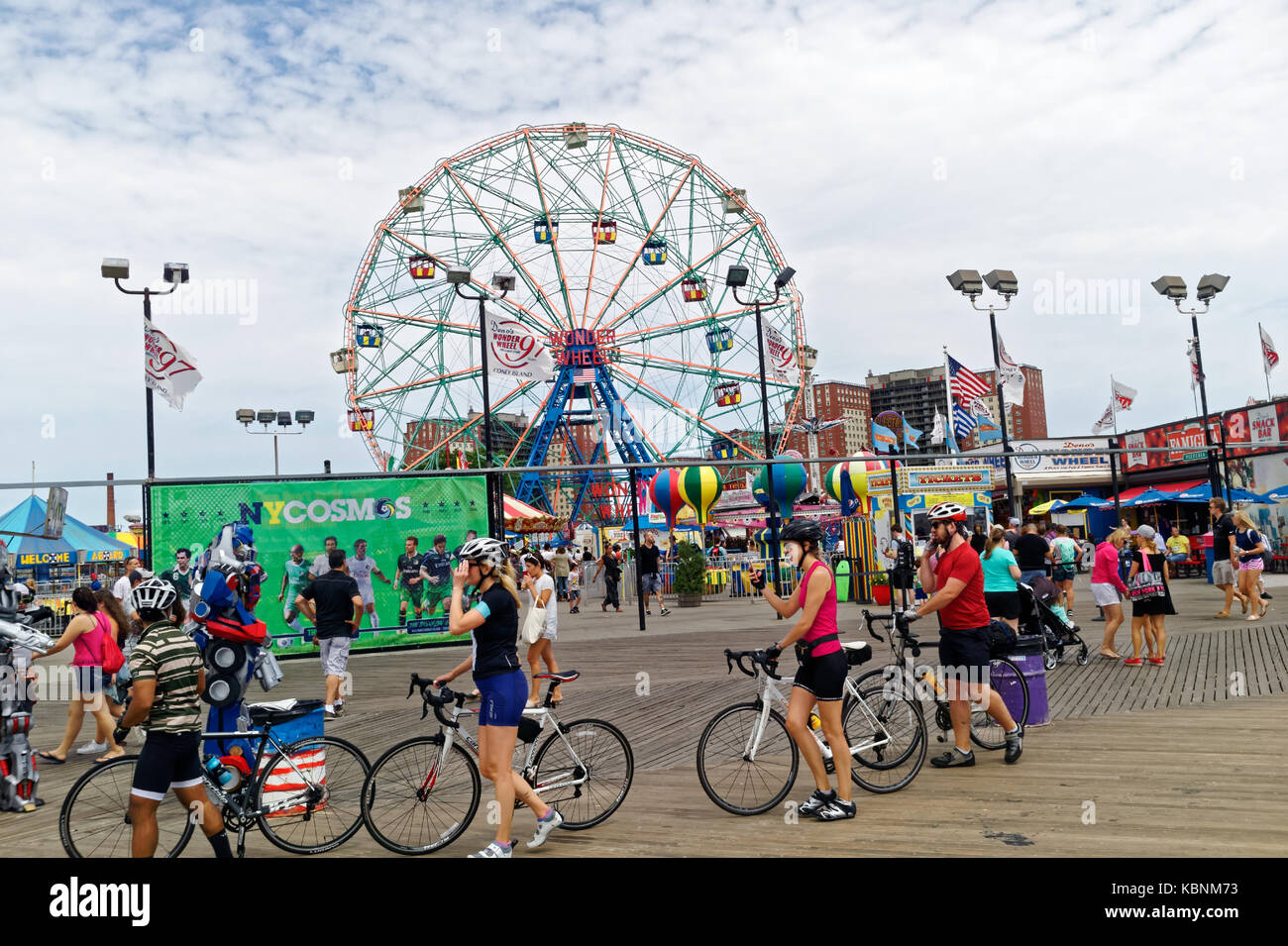 Boardwalk, amusement park featuring the famed Wonder Wheel in Coney Island. Stock Photo