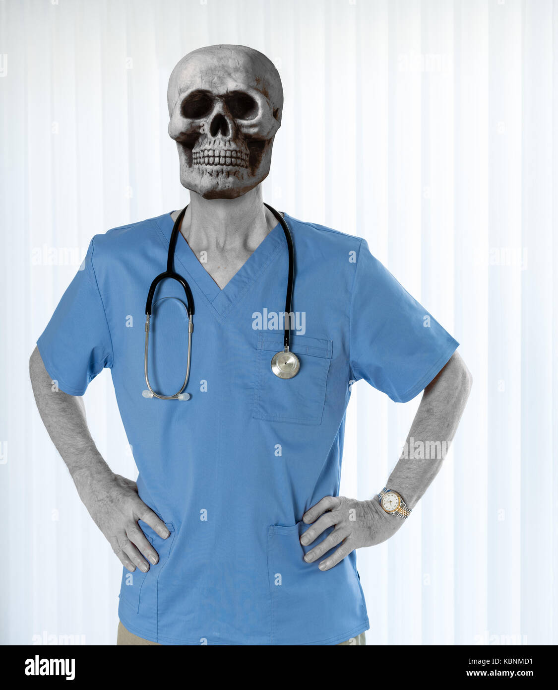 Senior doctor in scrubs with skull Stock Photo