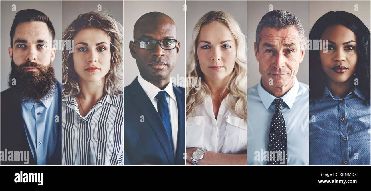 Collage of portraits of an ethnically diverse and mixed age group of focused business professionals Stock Photo