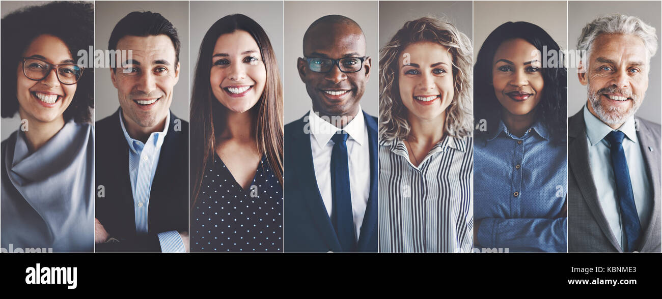 Collage of portraits of an ethnically diverse and mixed age group of focused business professionals Stock Photo