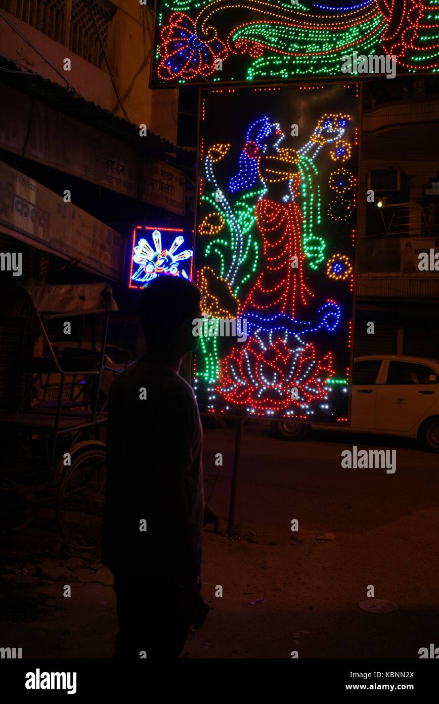 Diwali Festival in Delhi, India. Night or Late evening scene of man on the streets of Delhi