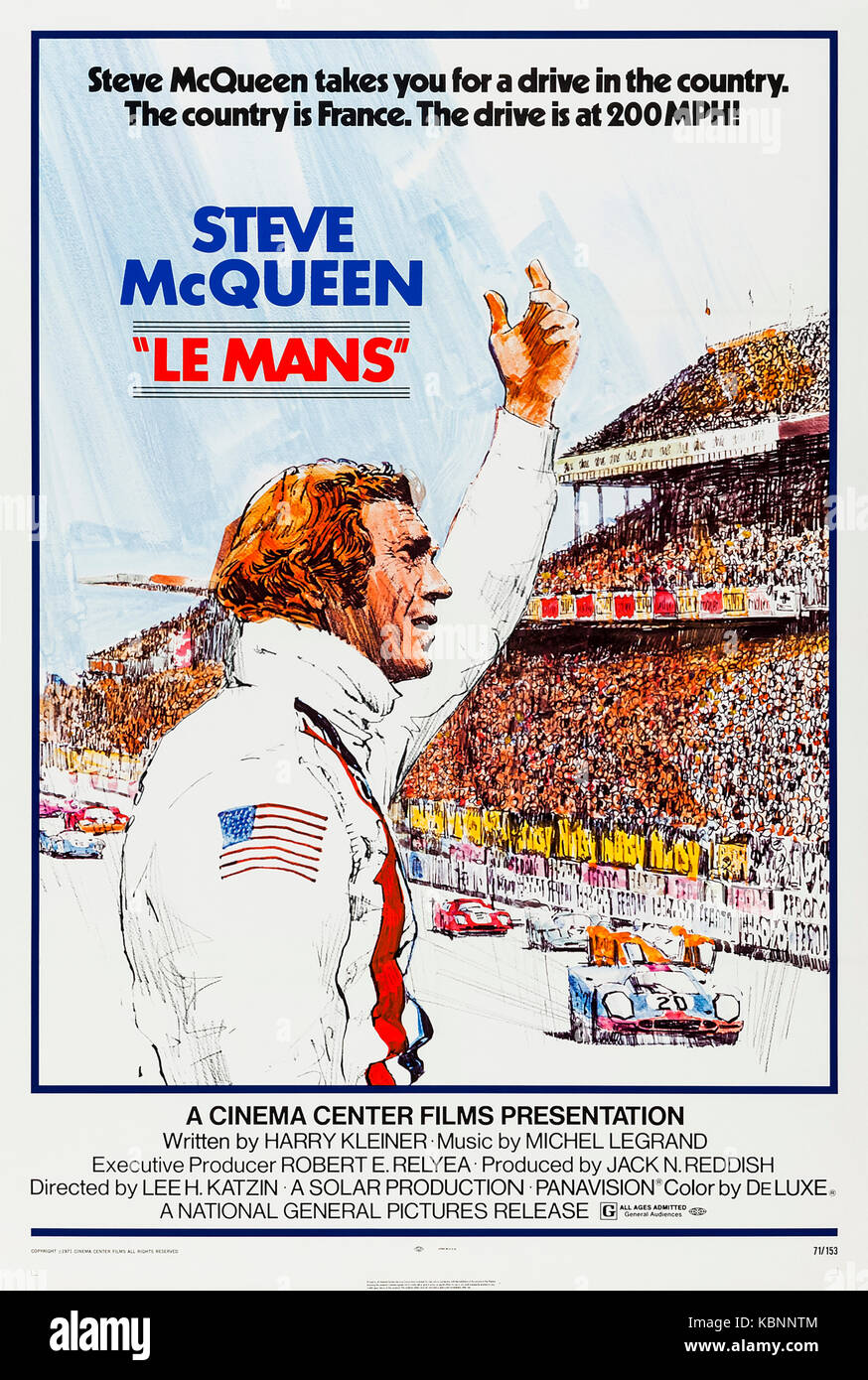 Le Mans (1971) directed by Lee H. Katzin and starring Steve McQueen, Siegfried Rauch and Elga Andersen. McQueen plays American Michael Delaney in Gulf Team Porsche 917 in a duel with German Erich Stahler in Ferrari 512LM in the annual 24-hour Grand Prix race at the 1970 Le Mans, France. Stock Photo