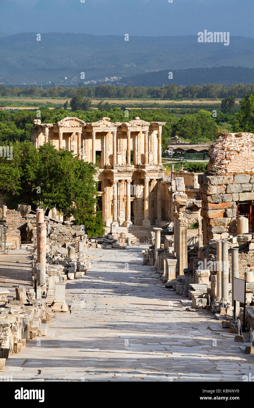Ruins of Ephesus in Turkey with the remains of roman library of Celsus. Stock Photo