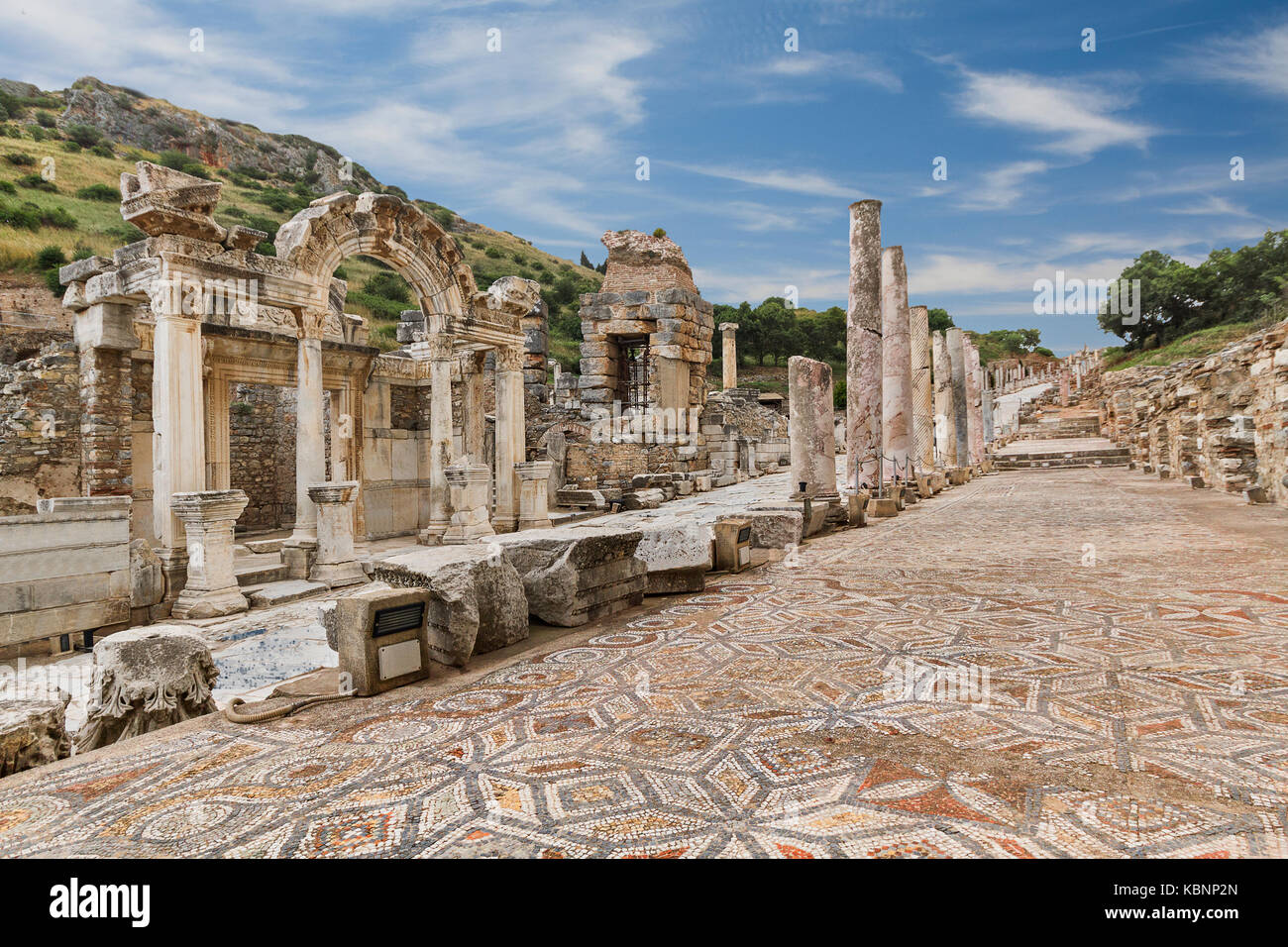 Roman floor mosaics and Temple of Hadrian in Ephesus, Turkey. Stock Photo