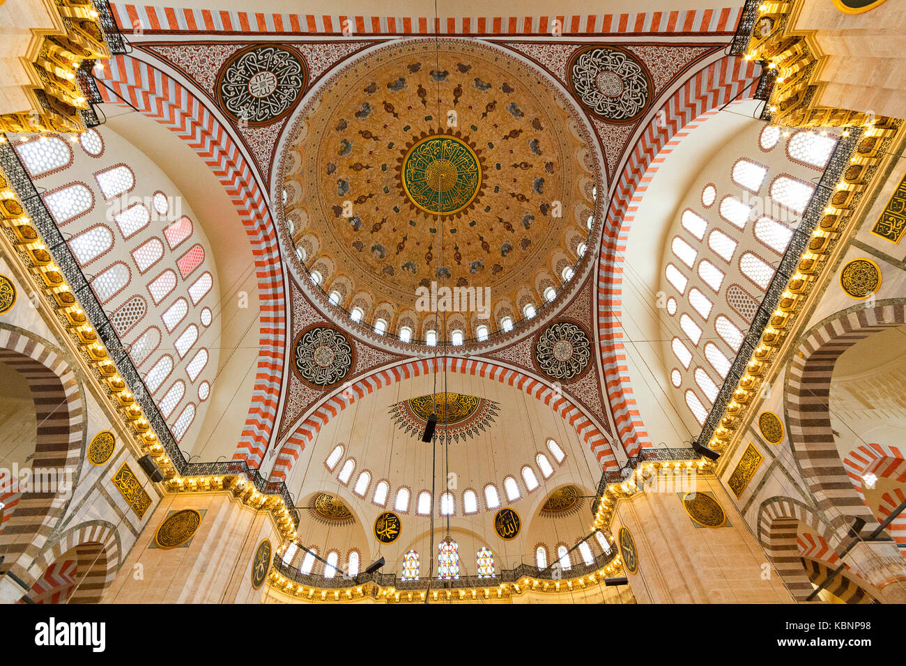 Interior of Suleymaniye Mosque, in Istanbul, Turkey, built by Sultan Suleyman the Magnificent. Stock Photo