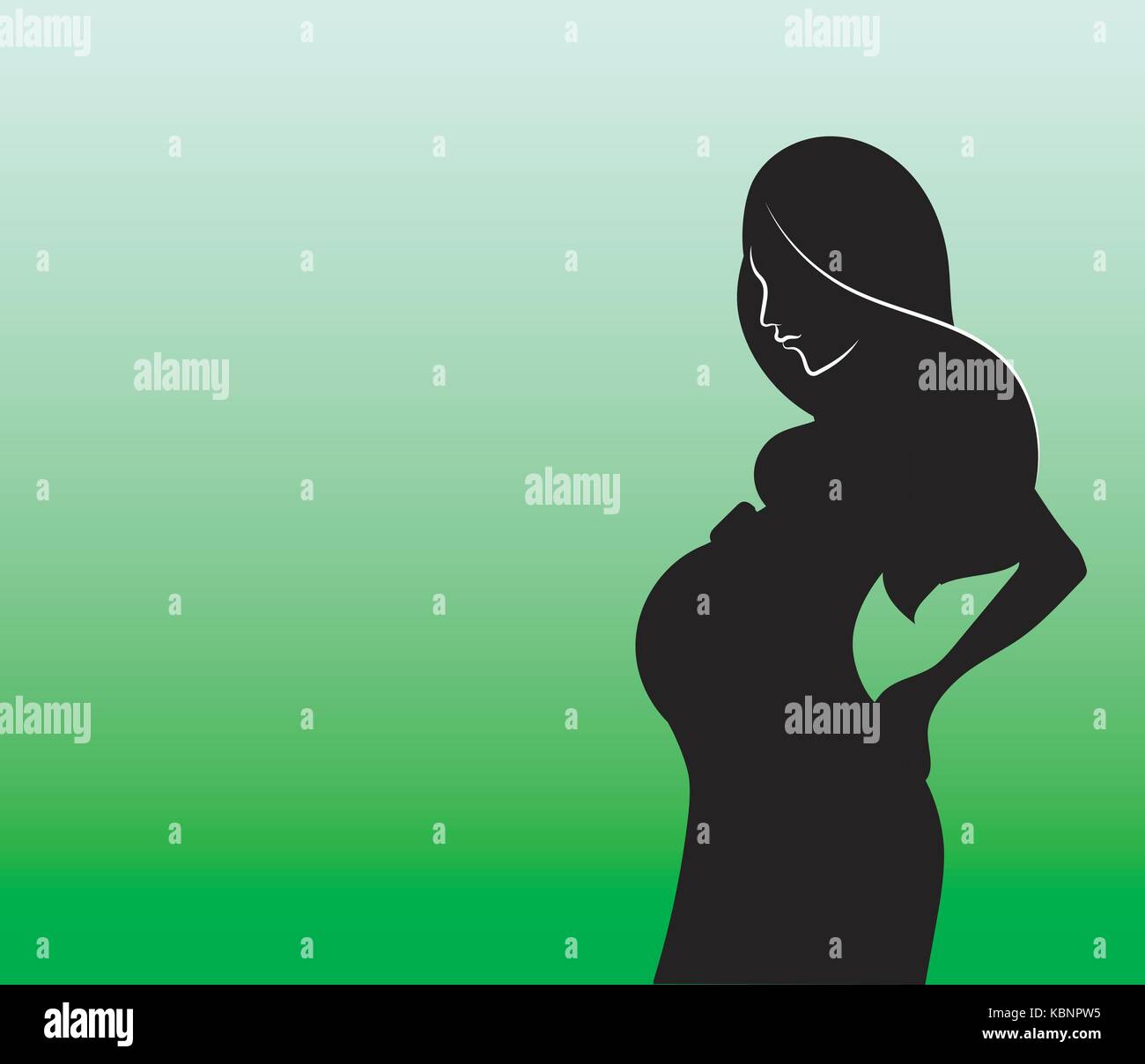 Black silhouette of pregnant woman in blue dress holding her baby bump isolated, vector illustration, banner, ads for mom and children goods Stock Vector