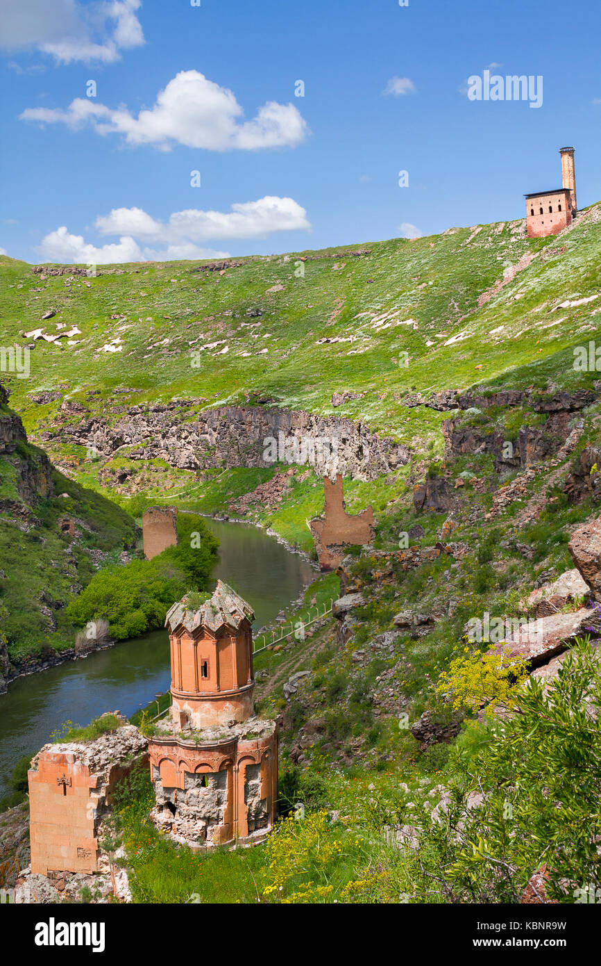 Abandoned Armenian church and a mosque in the ruins of the ancient capital of Bagradit Armenian Kingdom, Ani, in Kars, Turkey. Stock Photo