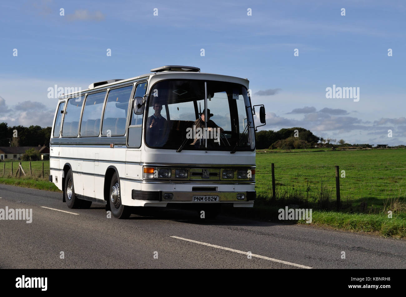 Preserved Bedford YMQ/Duple Dominant C35F PNM 682W is seen near Winkleigh after visiting the WETC Open Day on 6/10/13. Stock Photo