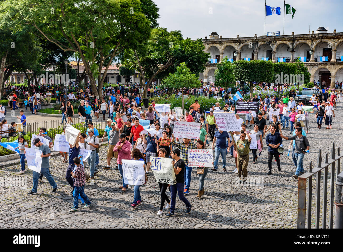 Antigua, Guatemala - September 15, 2017: Locals protest against government corruption around Antigua's central park on Guatemala's Independence Day. Stock Photo