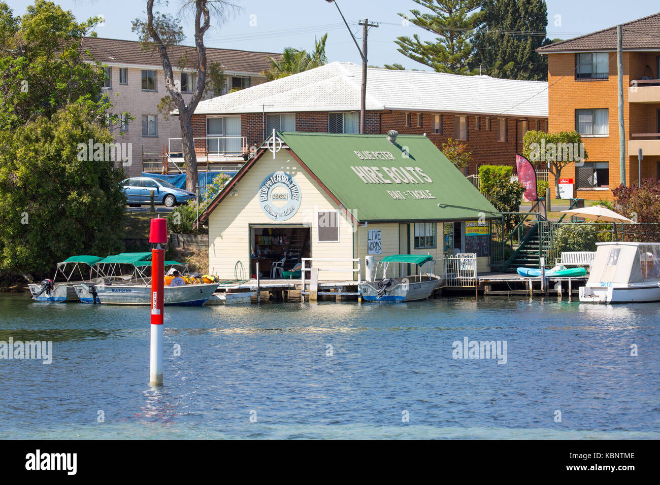 Blue Peter boat hire shed on the edge of Wallis lake in Forster Tuncurry, new south wales,australia Stock Photo