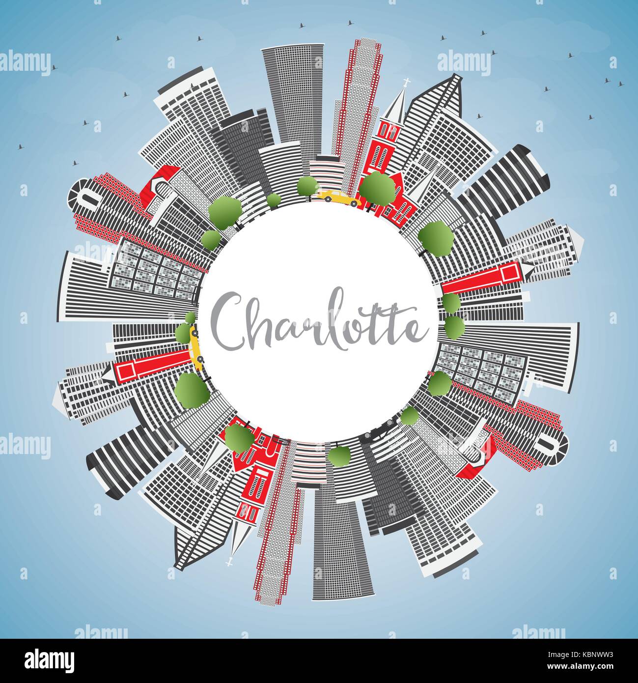 Charlotte Skyline with Gray Buildings, Blue Sky and Copy Space. Vector Illustration. Business Travel and Tourism Concept with Modern Architecture. Stock Vector