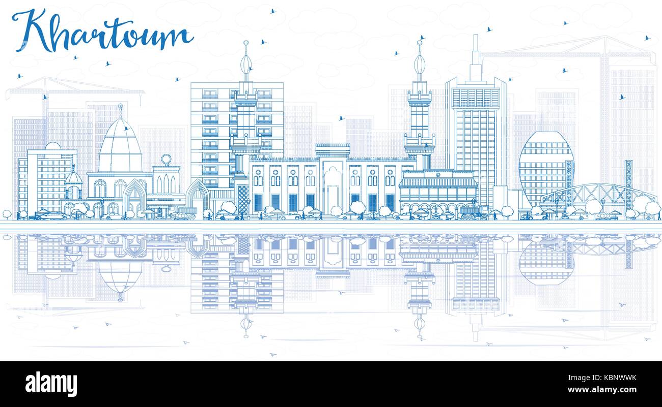 Outline Khartoum Skyline with Blue Buildings and Reflections. Vector Illustration. Business Travel and Tourism Concept with Historic Architecture. Stock Vector