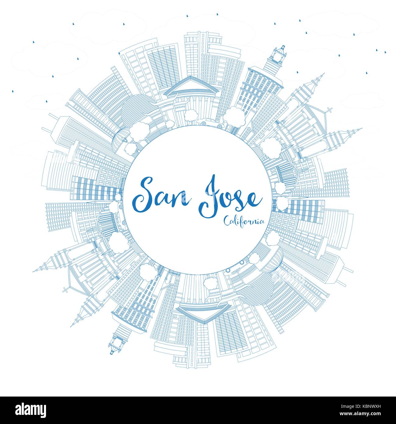 Outline San Jose California Skyline with Blue Buildings and Copy Space. Vector Illustration. Business Travel and Tourism Concept Stock Vector