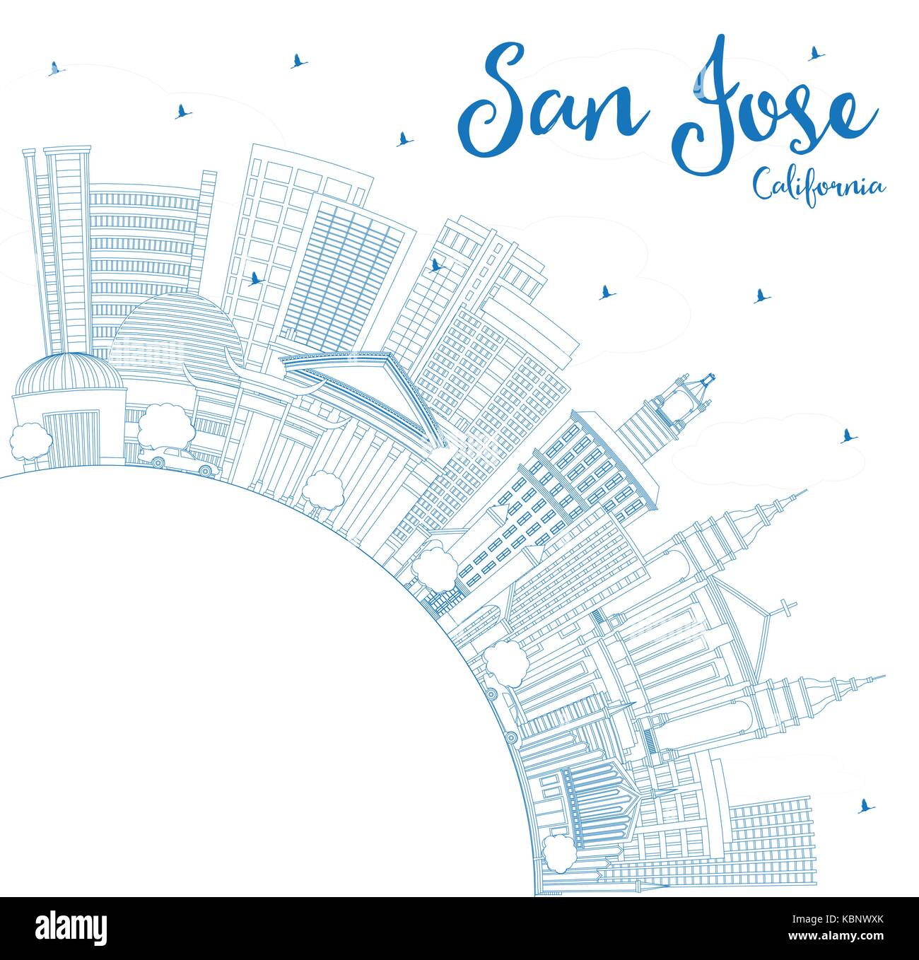 Outline San Jose California Skyline with Blue Buildings and Copy Space. Vector Illustration. Business Travel and Tourism Concept Stock Vector