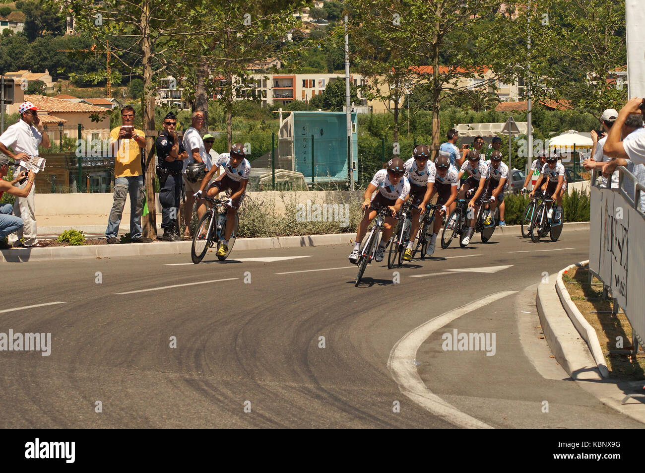 NICE - JULY 2ND : The TOUR 2013  (Tour de France). AG2R LA MONDIALE Team during Nice/Nice Stage 4 (25 km)... Stock Photo