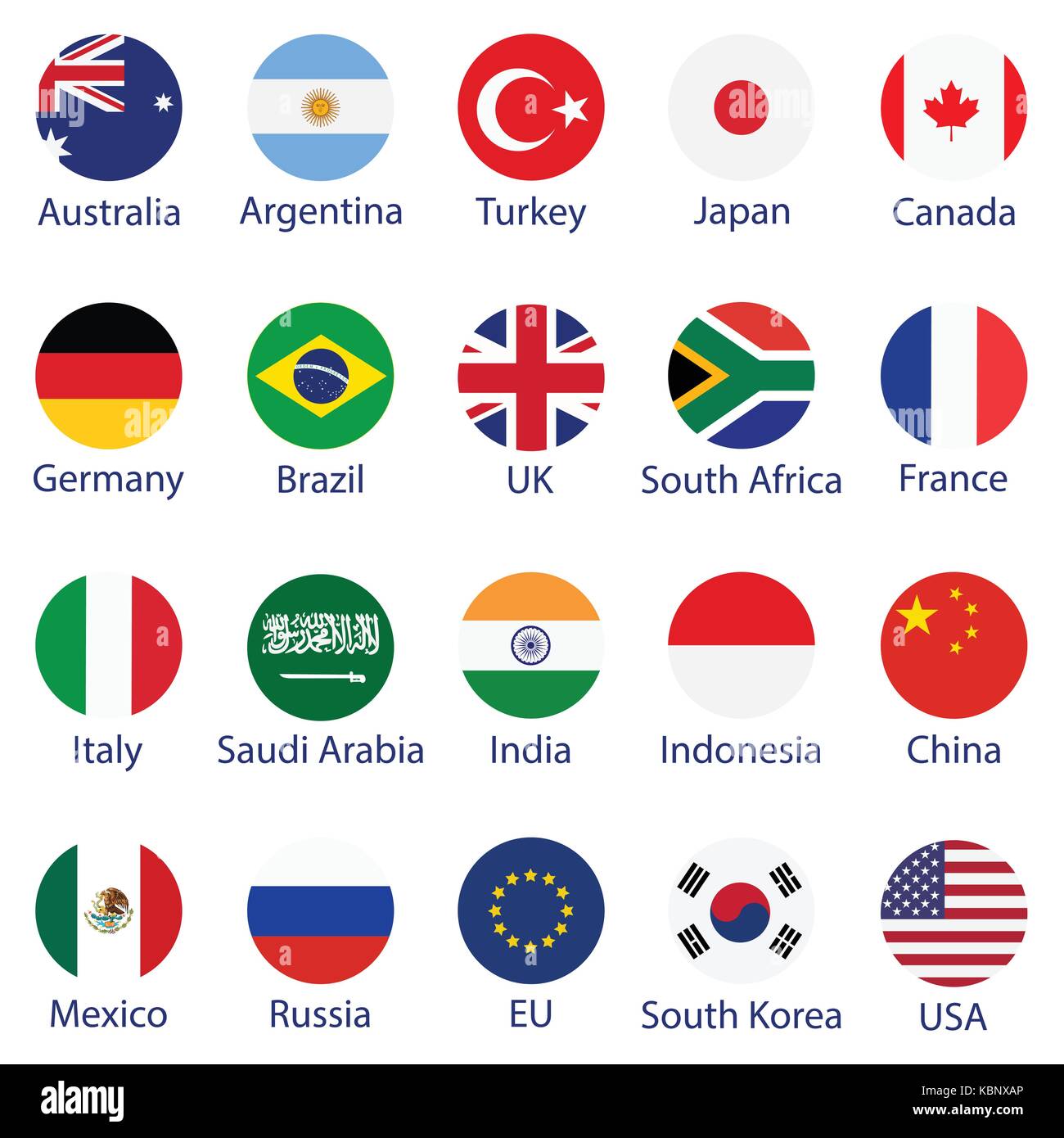 Vector illustration of G-20 countries flags. The Group of Twenty, the World's Leading 20 Economies. Banner for Summit G20, financial ann economic inte Stock Vector