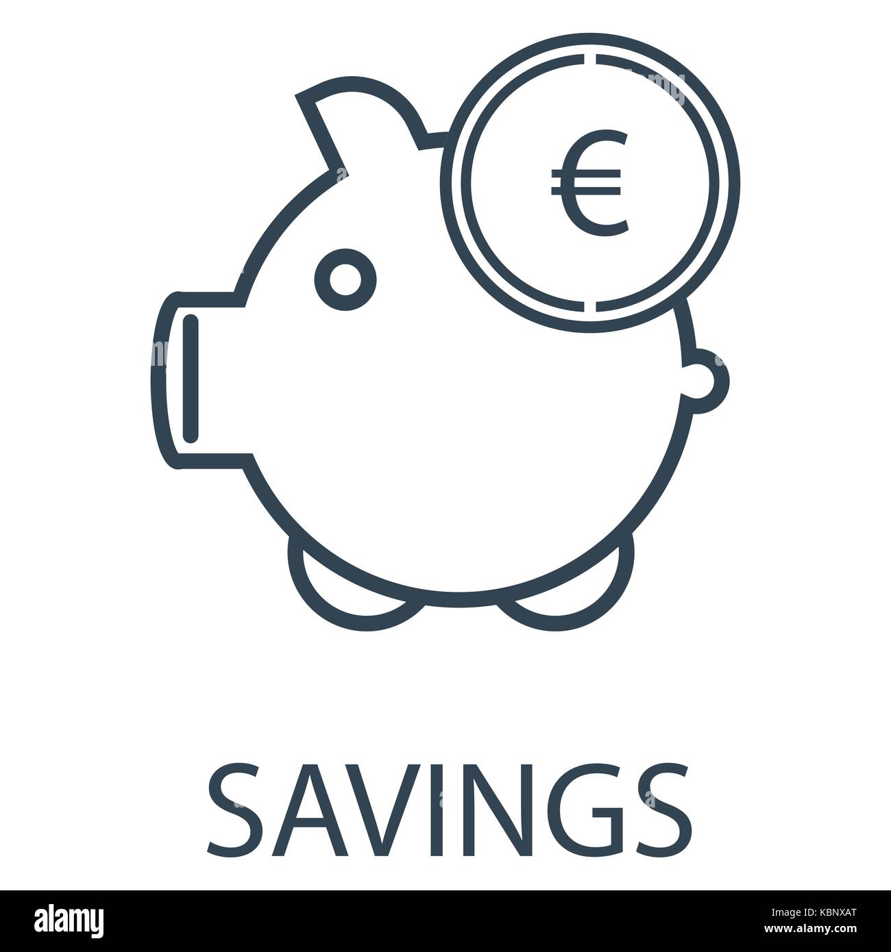 Vector illustration line, outline drawing savings, piggy bank icon with euro coin web icon isolated on white background. Earnings Stock Vector