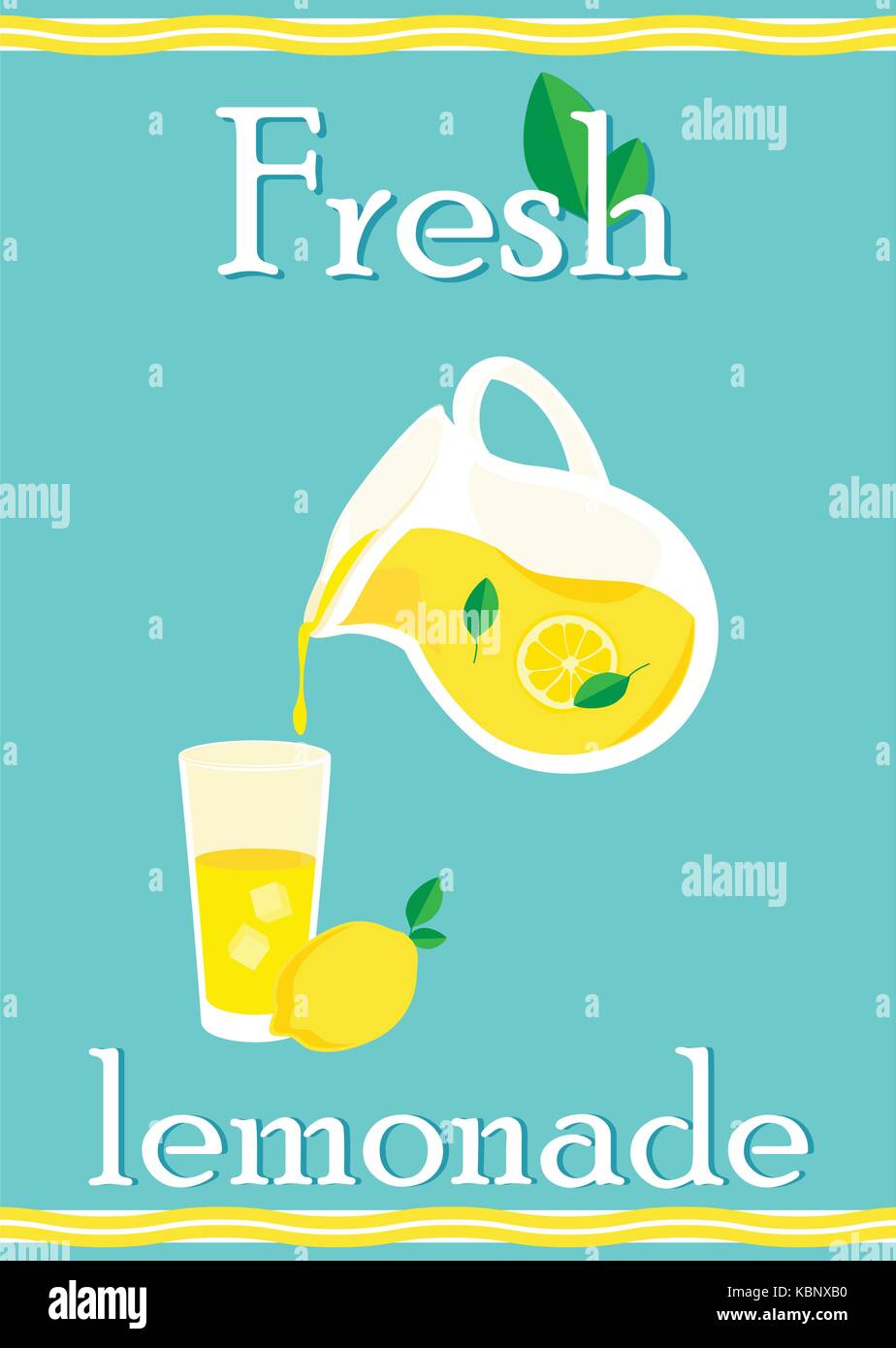 Poster with lemonade elements glass, lemon, jug, mint fresh lettering