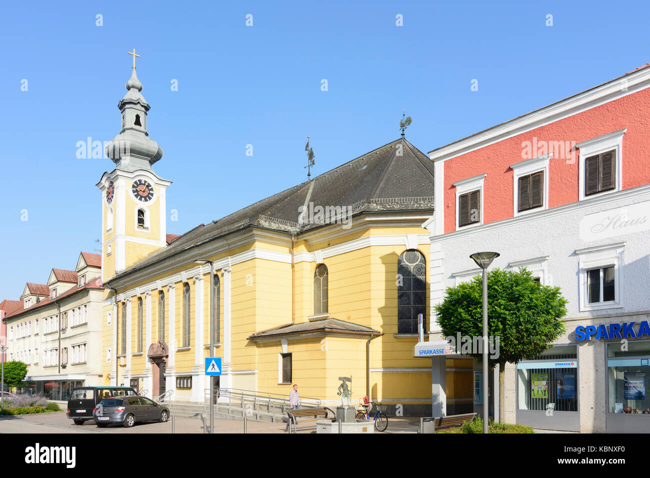 main square Marktplatz, church, Neumarkt im Hausruckkreis, Innviertel, Oberösterreich, Upper Austria, Austria Stock Photo