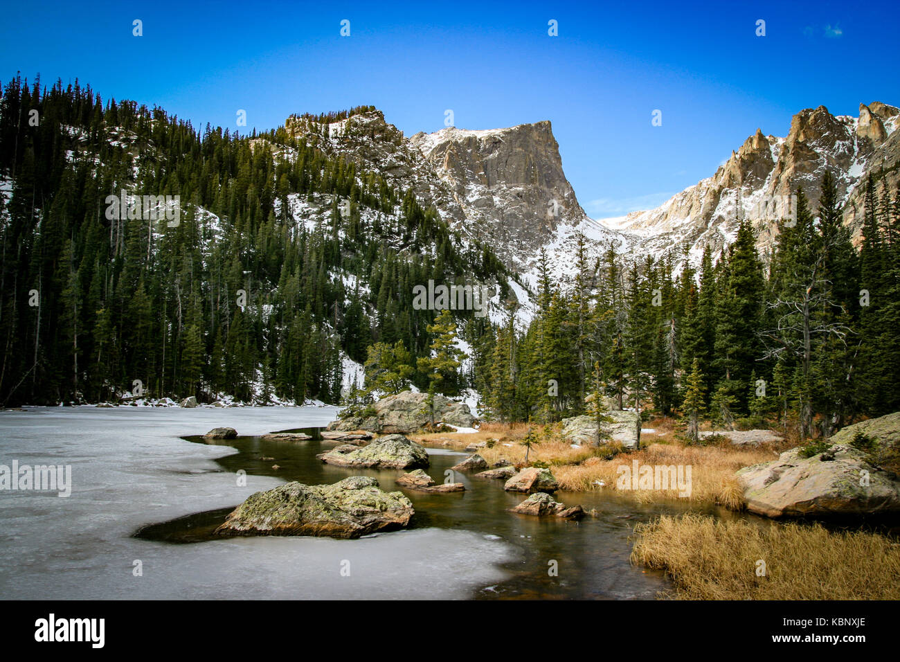 Dream Lake With Hallett Peak And Flattop Mountain in Rocky Mountain National Park, Colorado Stock Photo