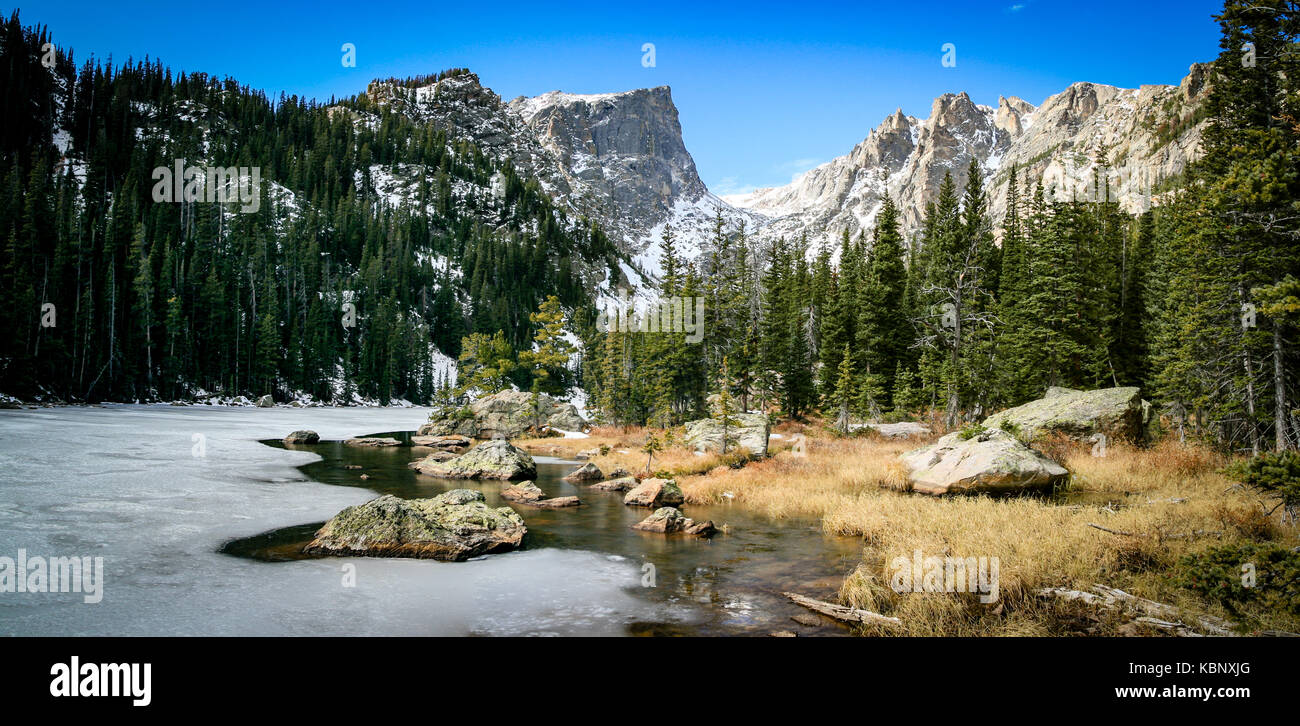 Dream Lake With Hallett Peak And Flattop Mountain in Rocky Mountain National Park, Colorado Stock Photo