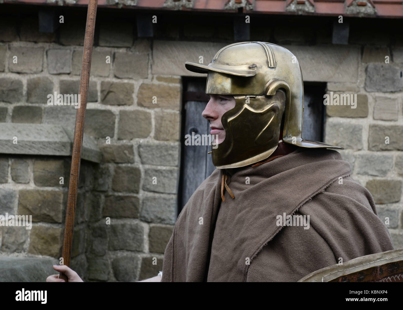 Roman soldiers from the late 2nd early 3rd century AD, these re-enactors 'man' the reconstructed fort at Arbeia, Hadrian's Wall, South Shields Stock Photo