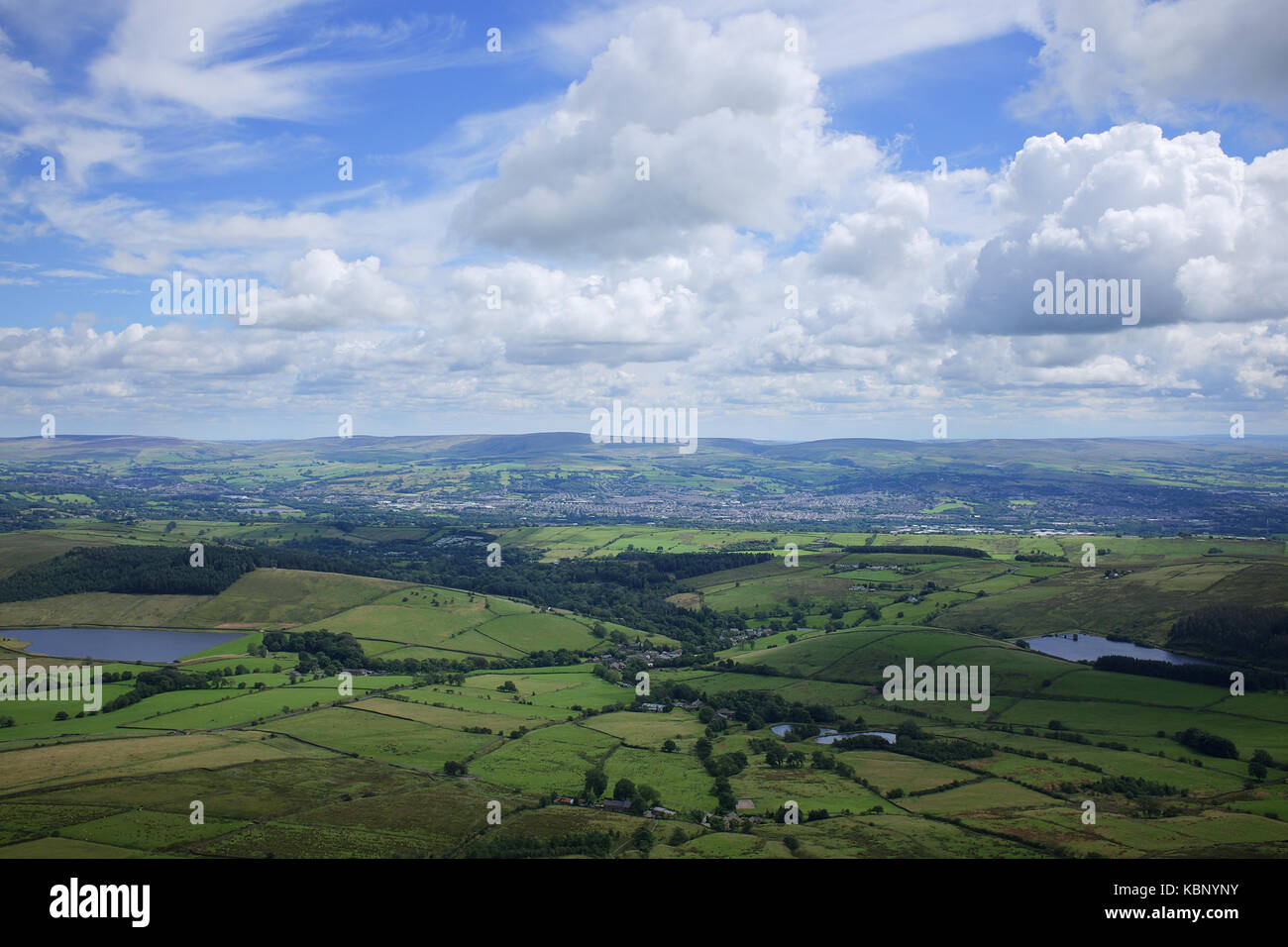 View over East Lancashire from the summit of Pendle Hill Stock Photo