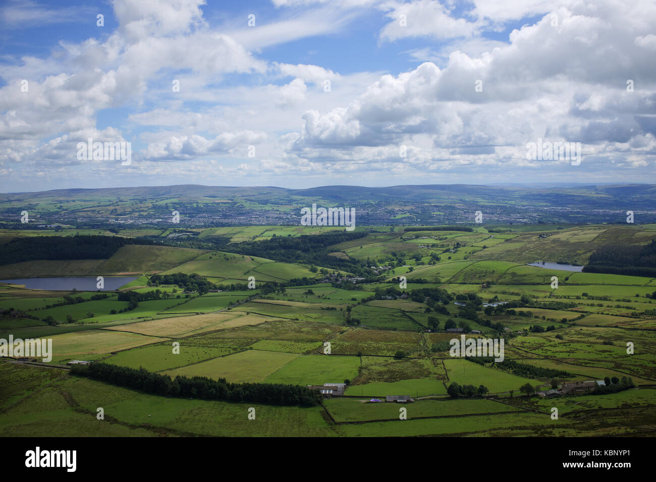 View over East Lancashire from the summit of Pendle Hill Stock Photo
