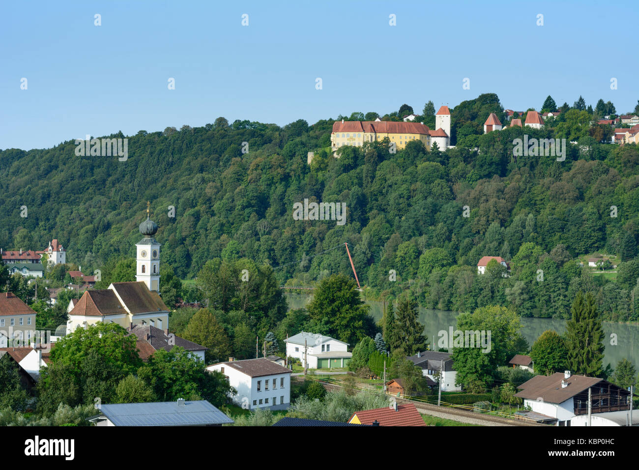 view to Wernstein at river Inn, castle Neuburg, Wernstein am Inn, Innviertel, Oberösterreich, Upper Austria, Austria Stock Photo