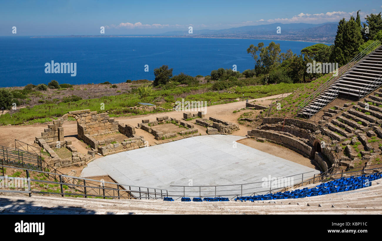 Tindari (Sicily, Italy) - Archaeological area of Tindari, the ancient greek polis founded in 396 BC by Dionysius of Syracuse. The theatre. Stock Photo