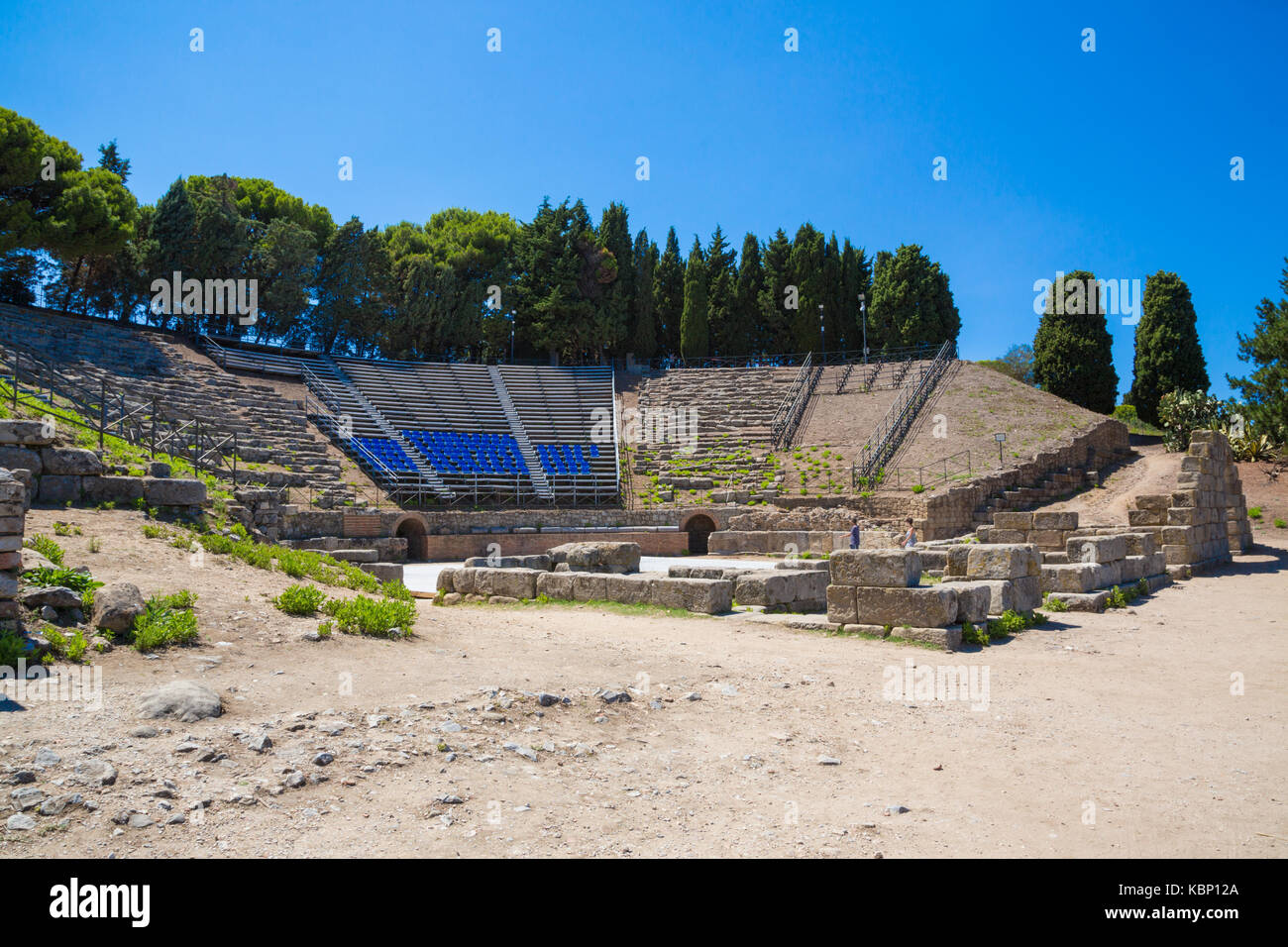 Tindari (Sicily, Italy) - Archaeological area of Tindari, the ancient greek polis founded in 396 BC by Dionysius of Syracuse. The theatre. Stock Photo