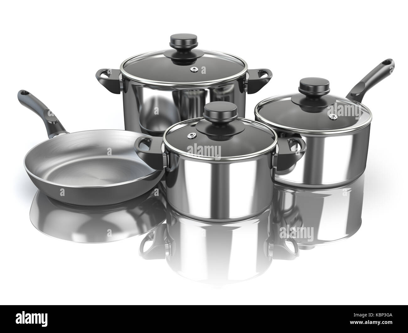 Pots and pans. Set of cooking stainless steel kitchen utensils and