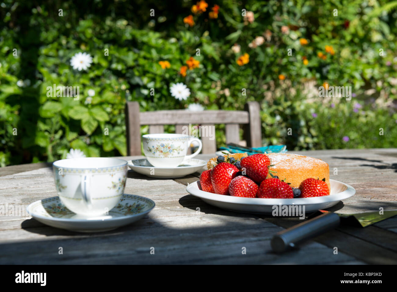 Strawberries and other summer fruits and freshly baked cake on a garden table with two china cups and saucers in a sunny summer garden in Devon. Stock Photo