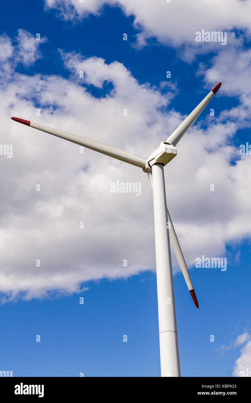 Wind turbine close-up on a background of blue sky with clouds Stock ...