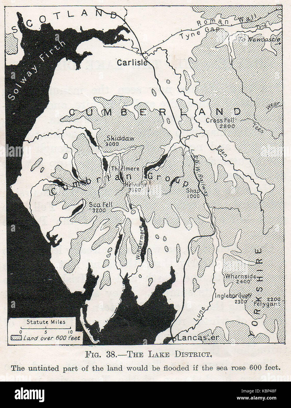 A 1914 map about global warming and sea levels showing how the UK Lake District could be flooded if sea levels rise. Stock Photo