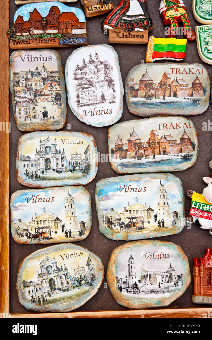 Trakai, Lithuania - September 16, 2015: Souvenir magnets with views of Vilnius and Trakai for sale in a souvenir shop. Stock Photo