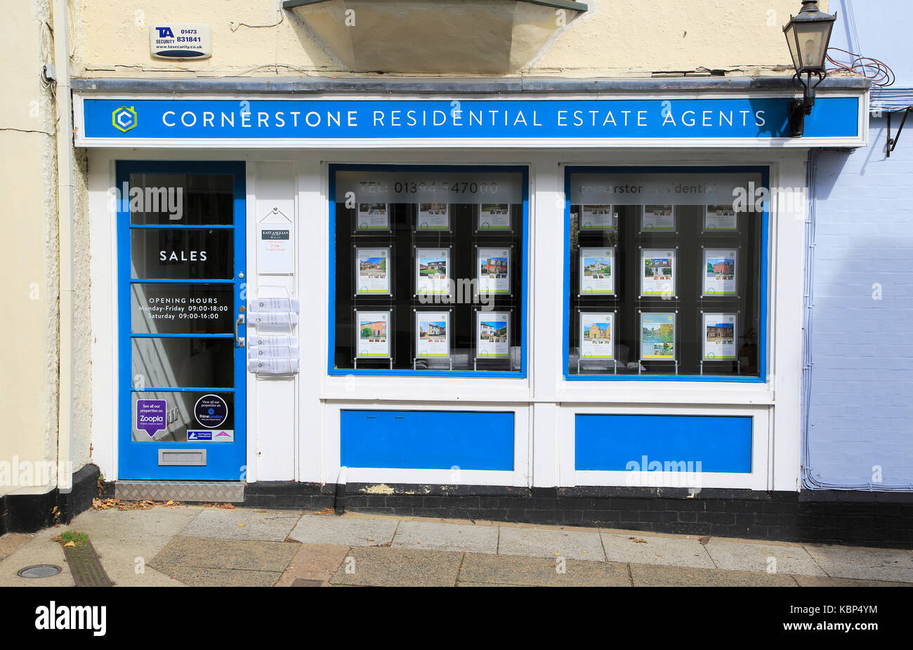 Cornerstone estate agent shop window Market Hill, Woodbridge, Suffolk
