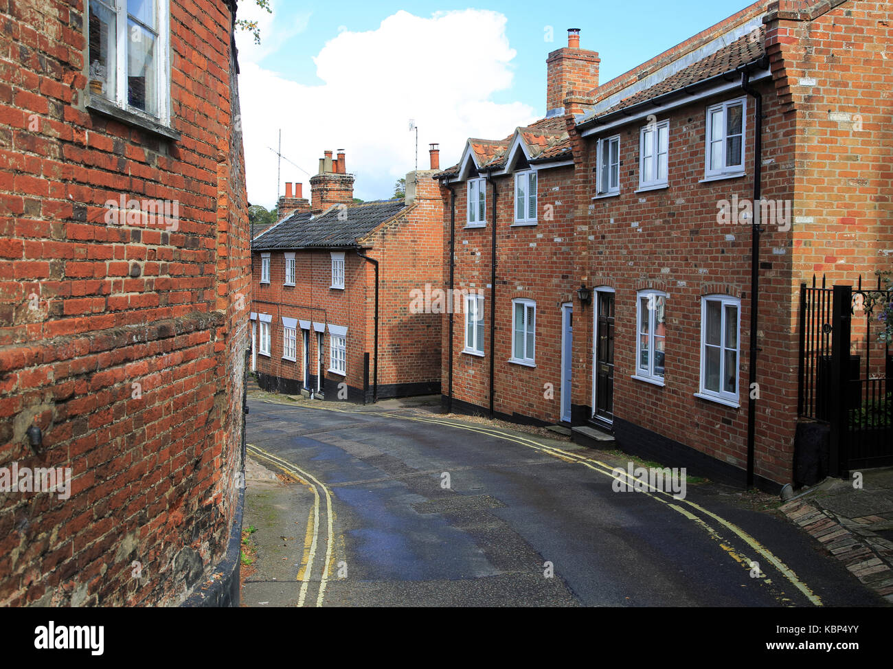 Historic red brick houses in Angel Lane, Woodbridge, Suffolk, England