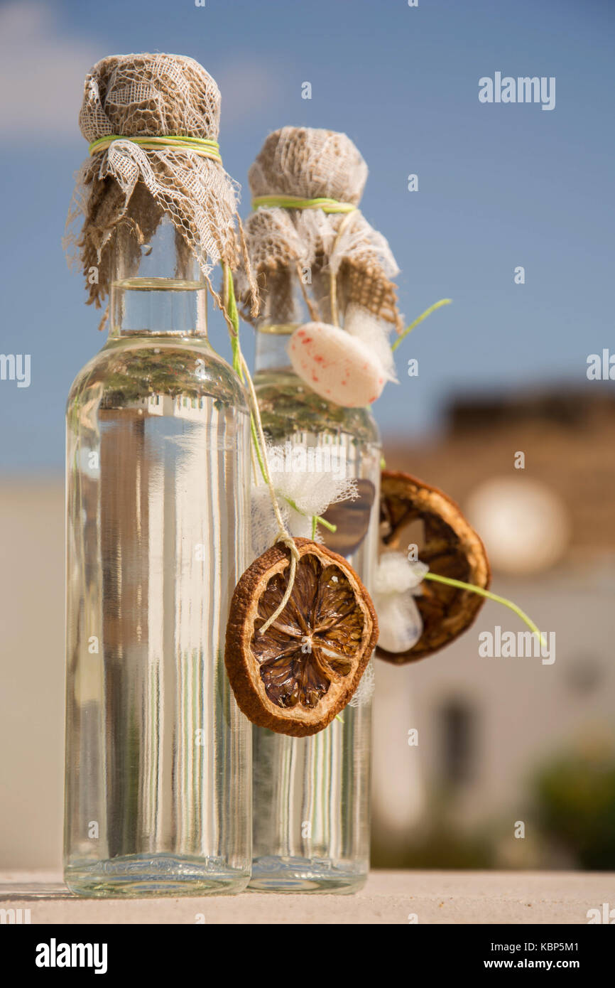 Bottles filled with raki for wedding guests gift Stock Photo
