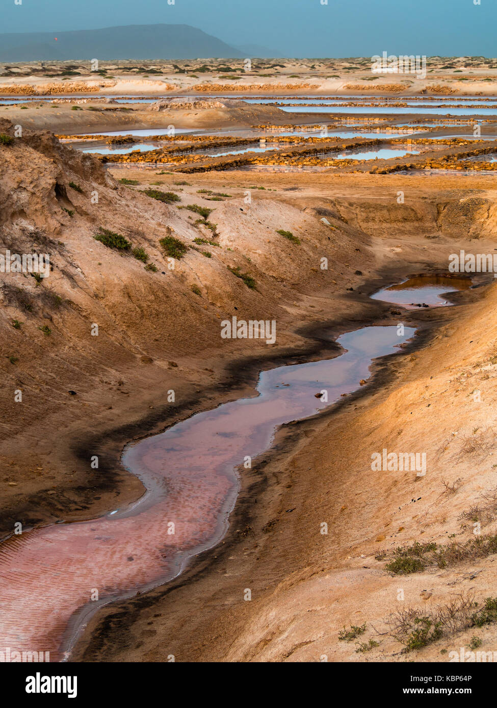 Sand, water and salt, landscape of salt mine water ponds in Santa Maria, Cape Verde Stock Photo