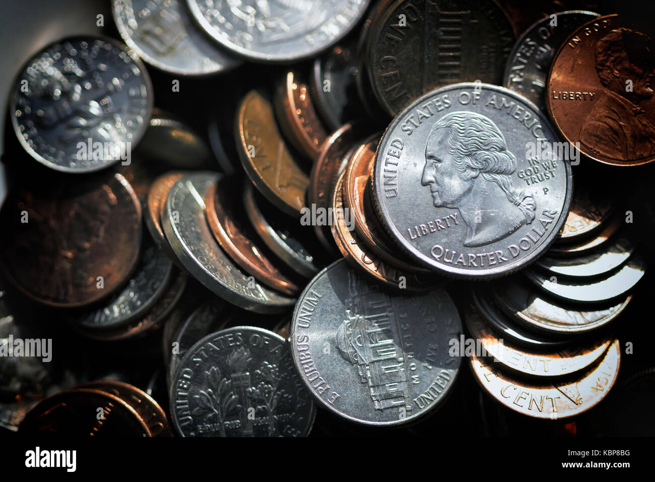 closeup shot of American pennies, nickels, dimes, and quarters Stock Photo Alamy