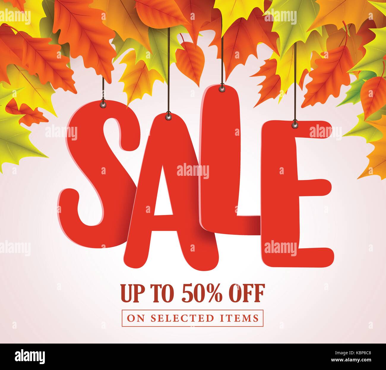 Autumn sale vector design with red sale text hanging in colorful maple leav...