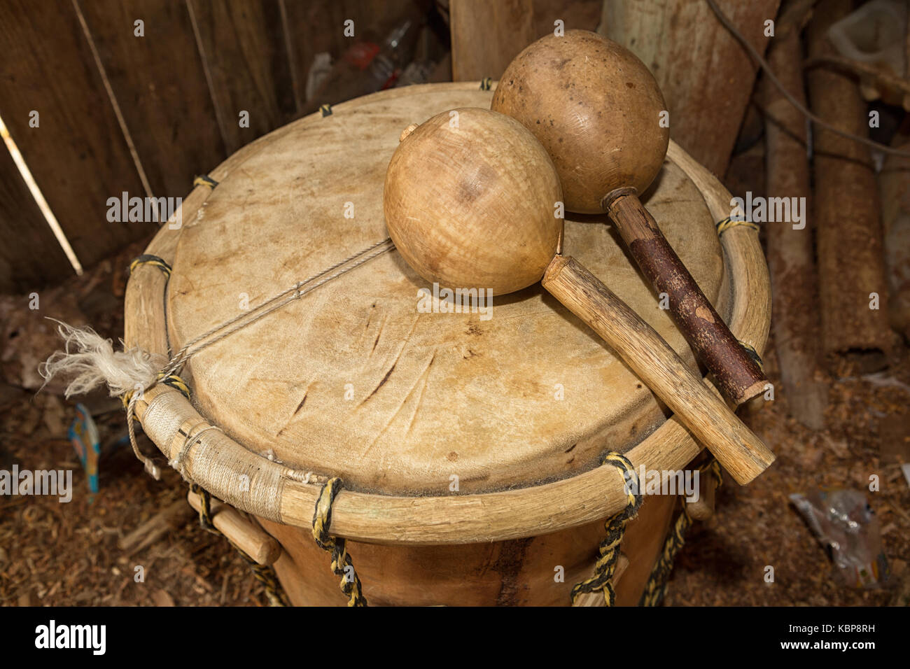 garifuna drum and maraca in Honduras Stock Photo