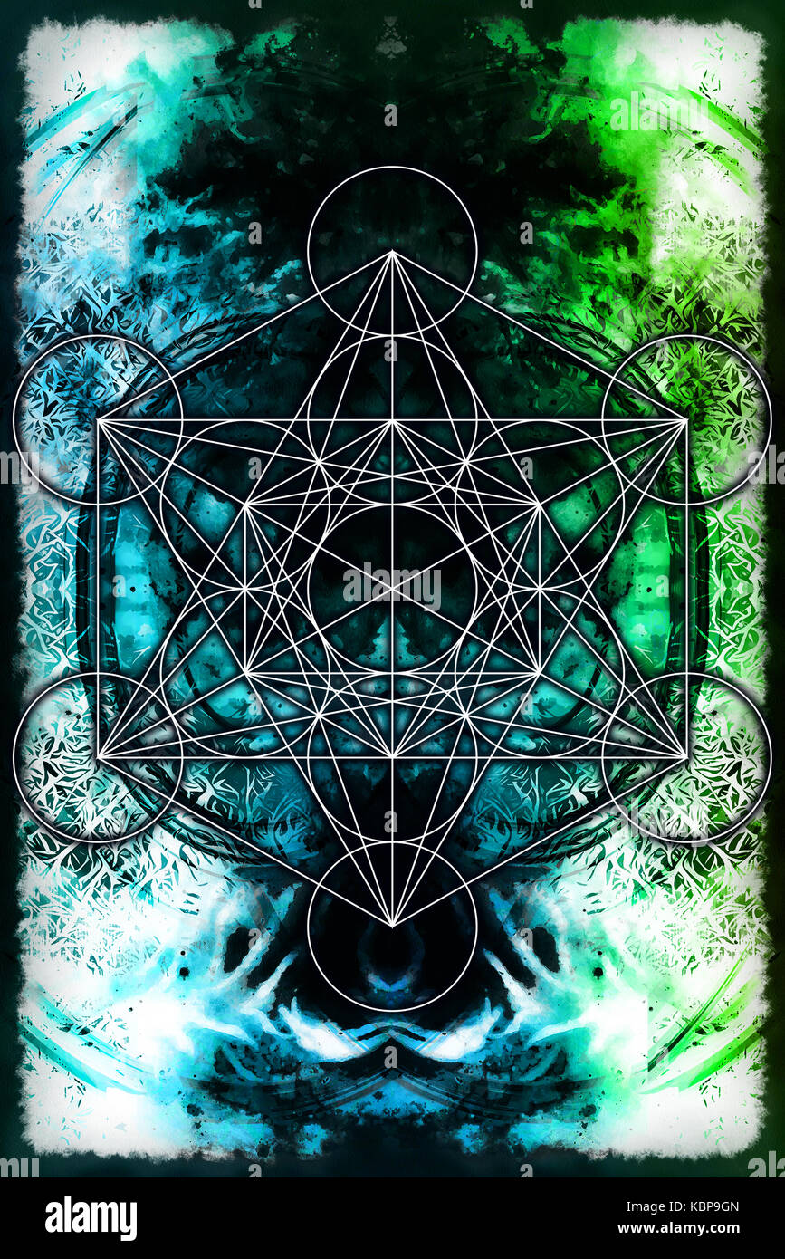 Merkaba on abstract color background. Sacred geometry Stock Photo