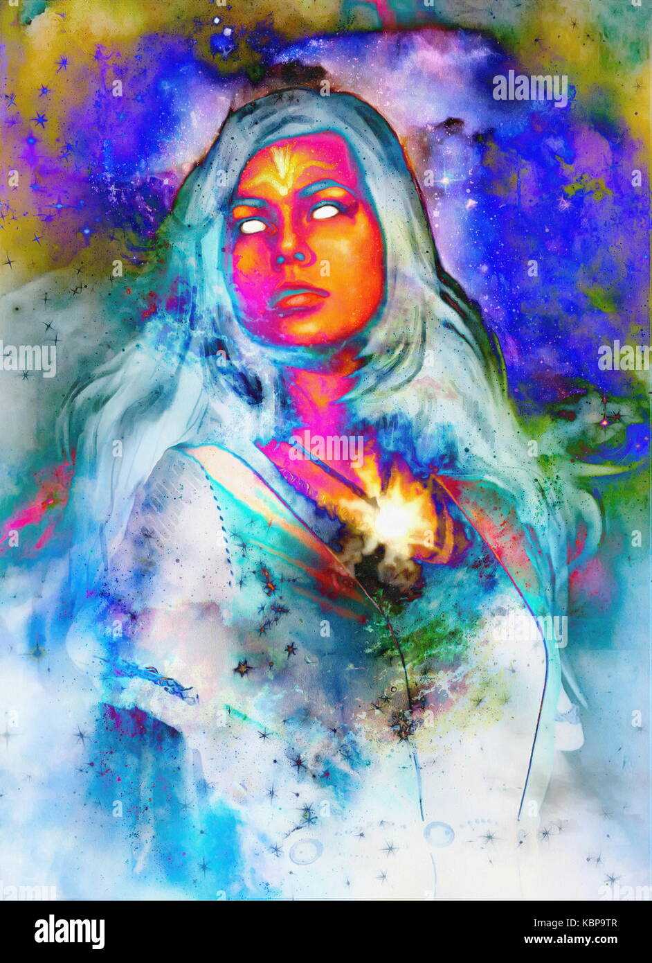 Goddess Woman in Cosmic space. Cosmic Space background. Color effect ...