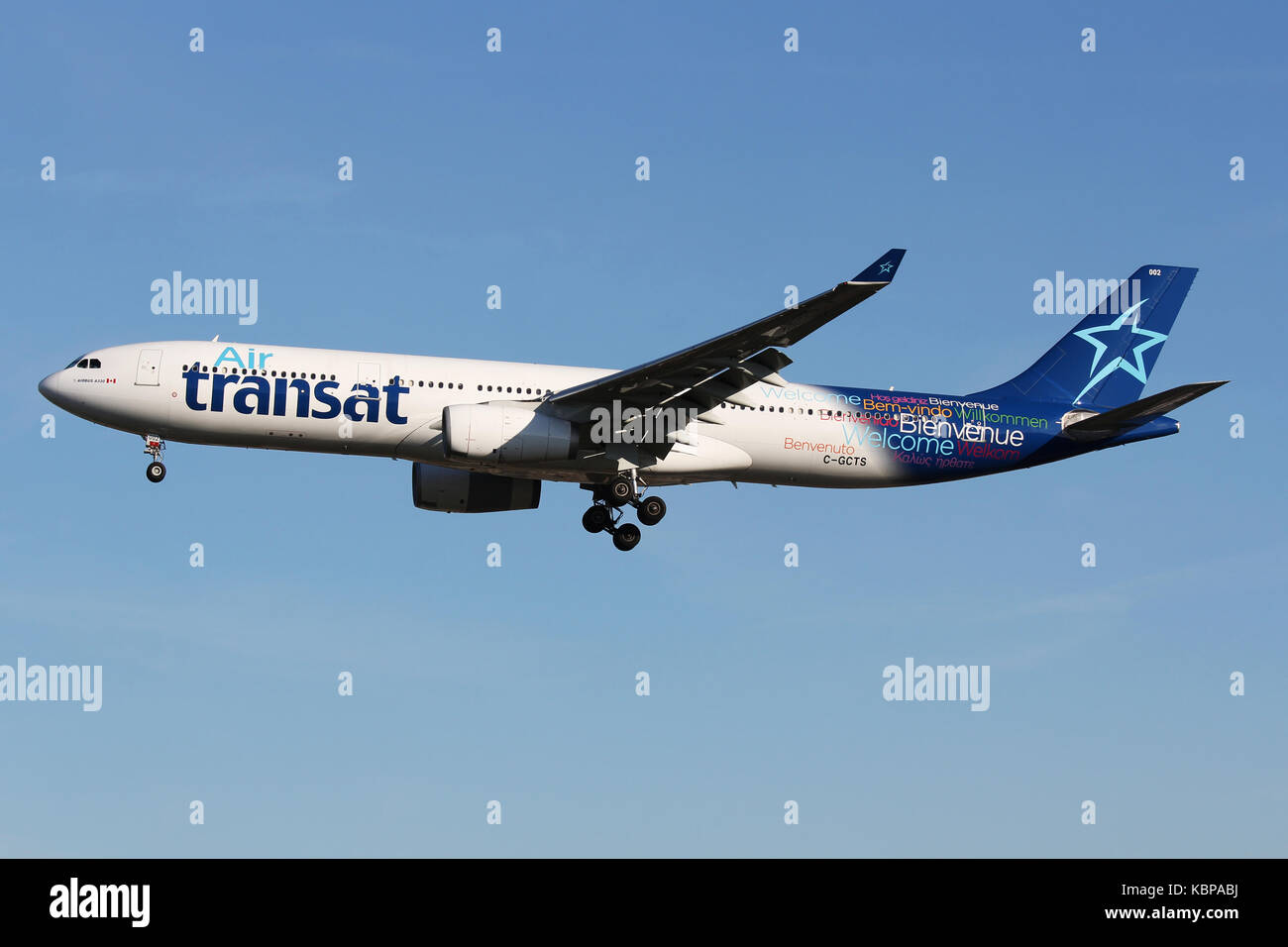 Air Transat Airbus A330 landing at London Gatwick airport after a flight from Canada Stock Photo