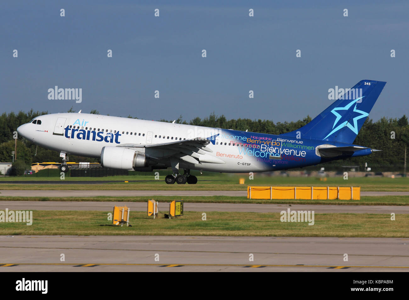 Air Transat Airbus A310 taking off from Manchester airport on a flight to Canada Stock Photo
